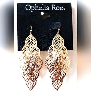 New pair of chandelier earrings, golden, multiple leaf design, by Ophelia roe